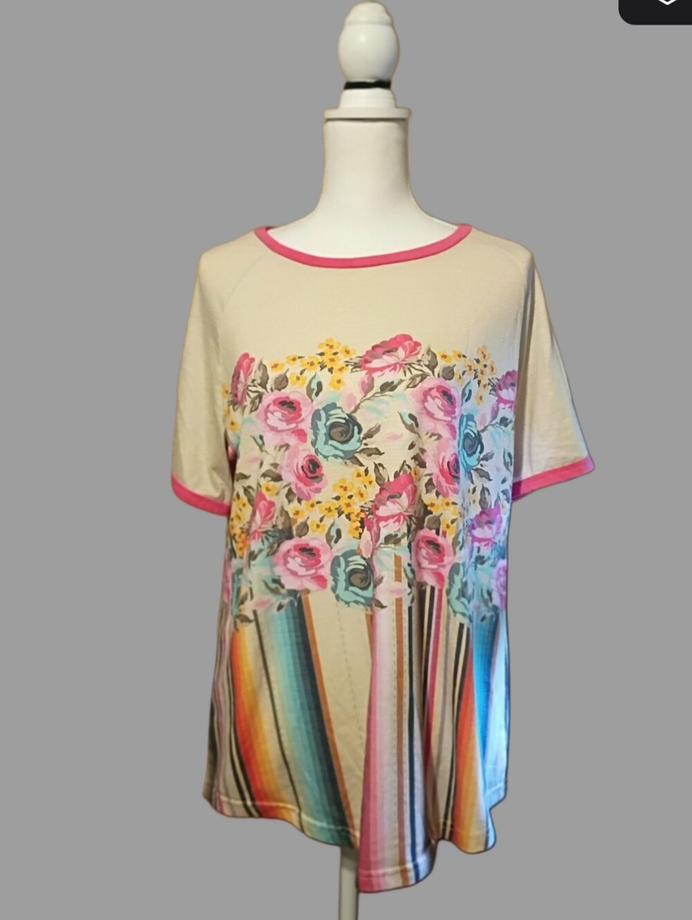 Crazy Train Cream Floral Stripe Short Sleeve Tee with Pink Trim